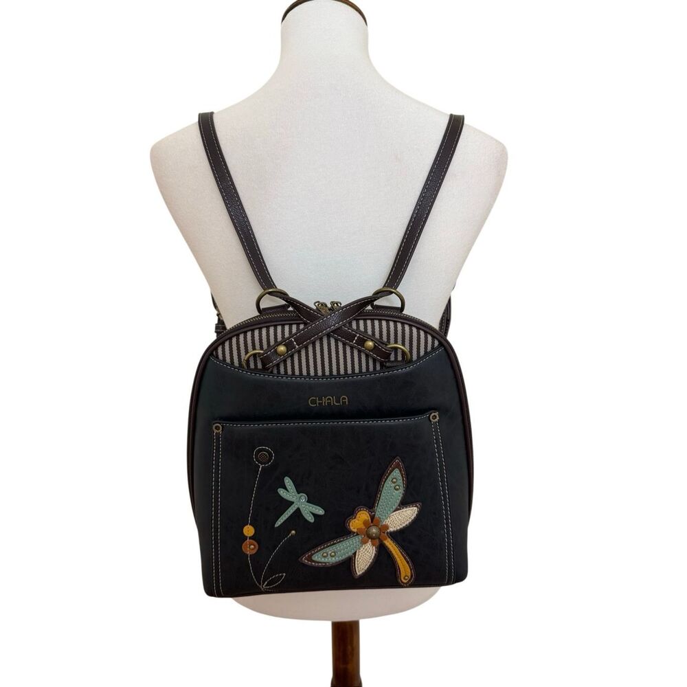 Chala Covertible Backpack / Shoulder Bag Black Faux Leather Dragonfly - Picture 9 of 10